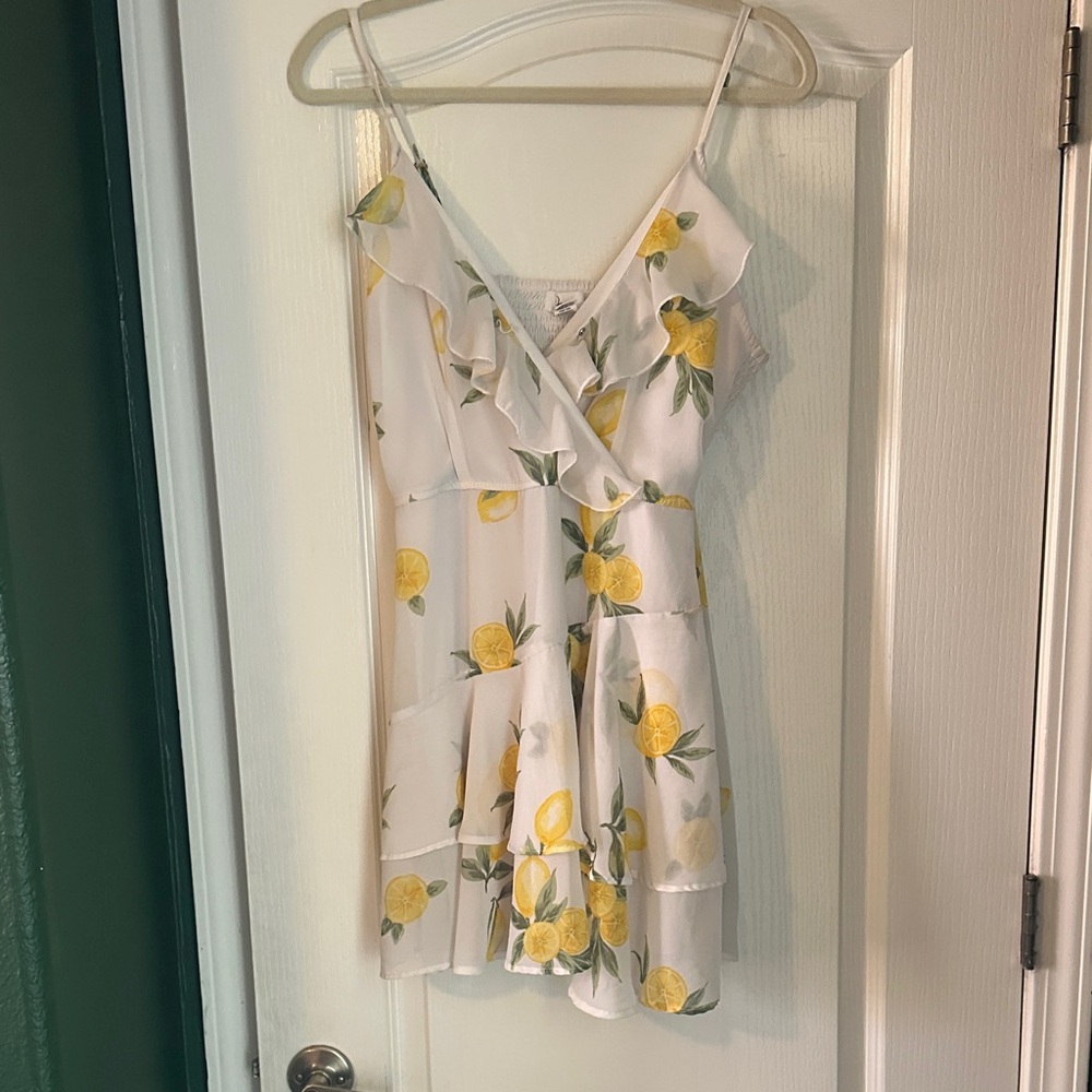 White and Yellow Lemon Print Mini Dress